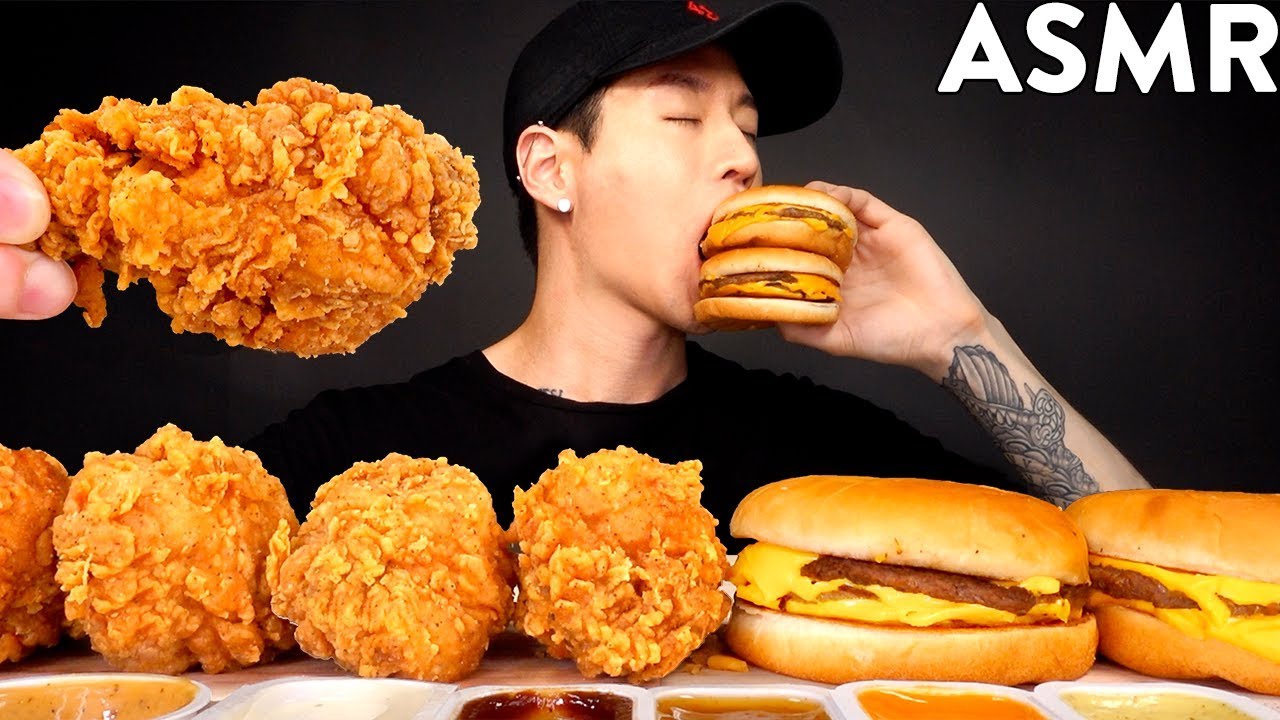 ASMR KFC FRIED CHICKEN CHEESEBURGERS MUKBANG No Talking EATING