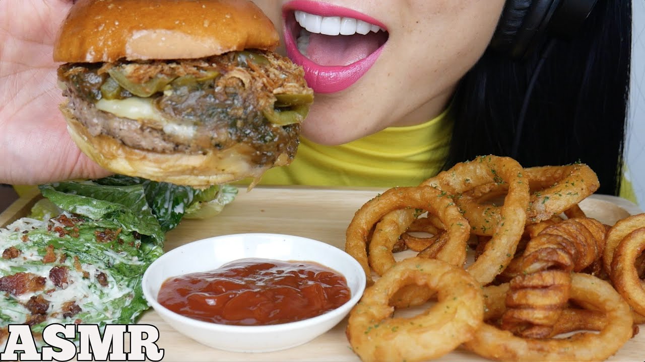 ASMR GOURMET FAST FOOD CHEESE BURGER ONION RINGS EATING SOUNDS NO