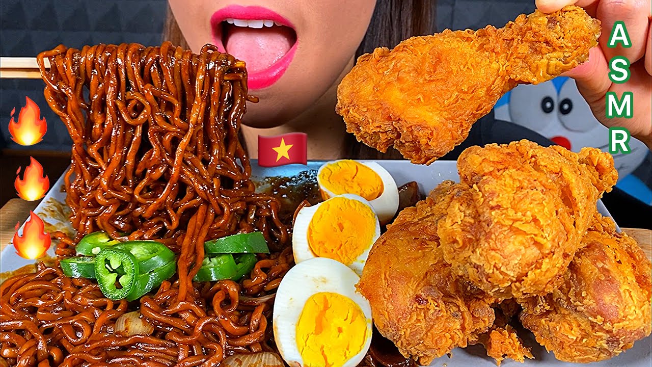 EATING SAMYANG FIRE BLACK BEAN NOODLES EGGS FRIED CHICKEN HOT CHILI