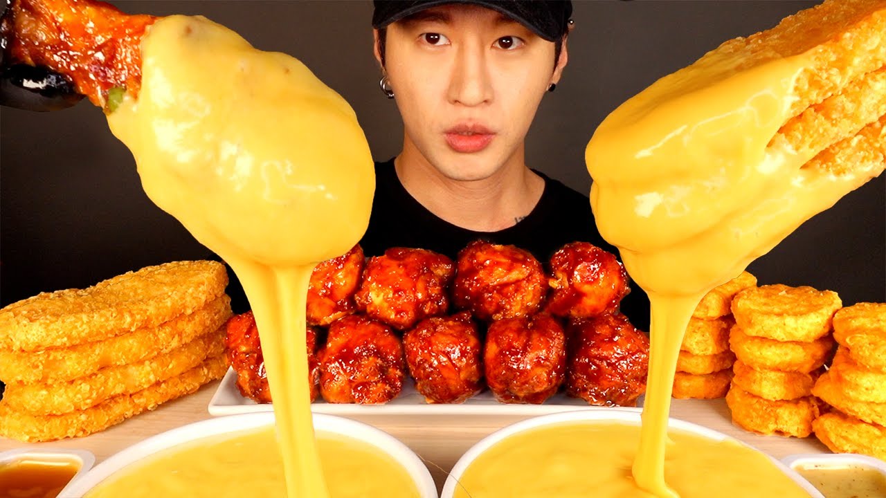 Asmr Mukbang Stretchy Cheese Bbq Chicken And Hash Browns And Chicken Nuggets No Talking Zach Choi 4965