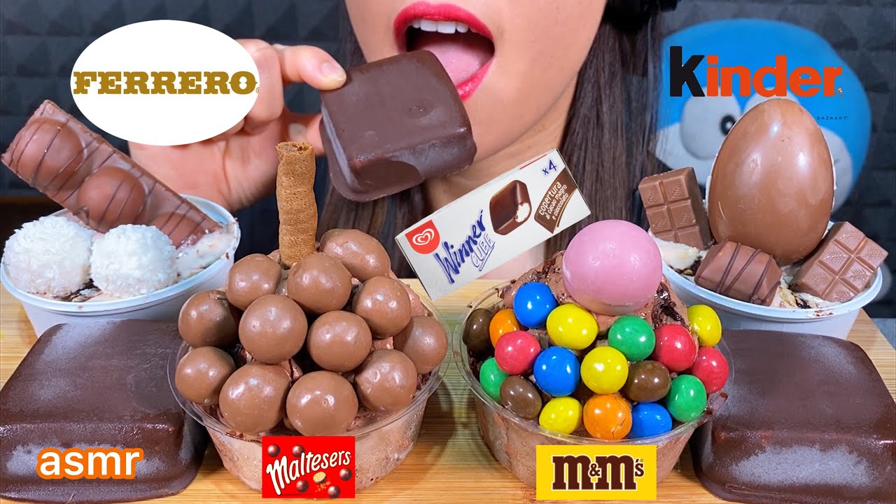 ASMR CHOCOLATE ICE CREAM CUPS PARTY KINDER MALTESERS MMs FERRERO